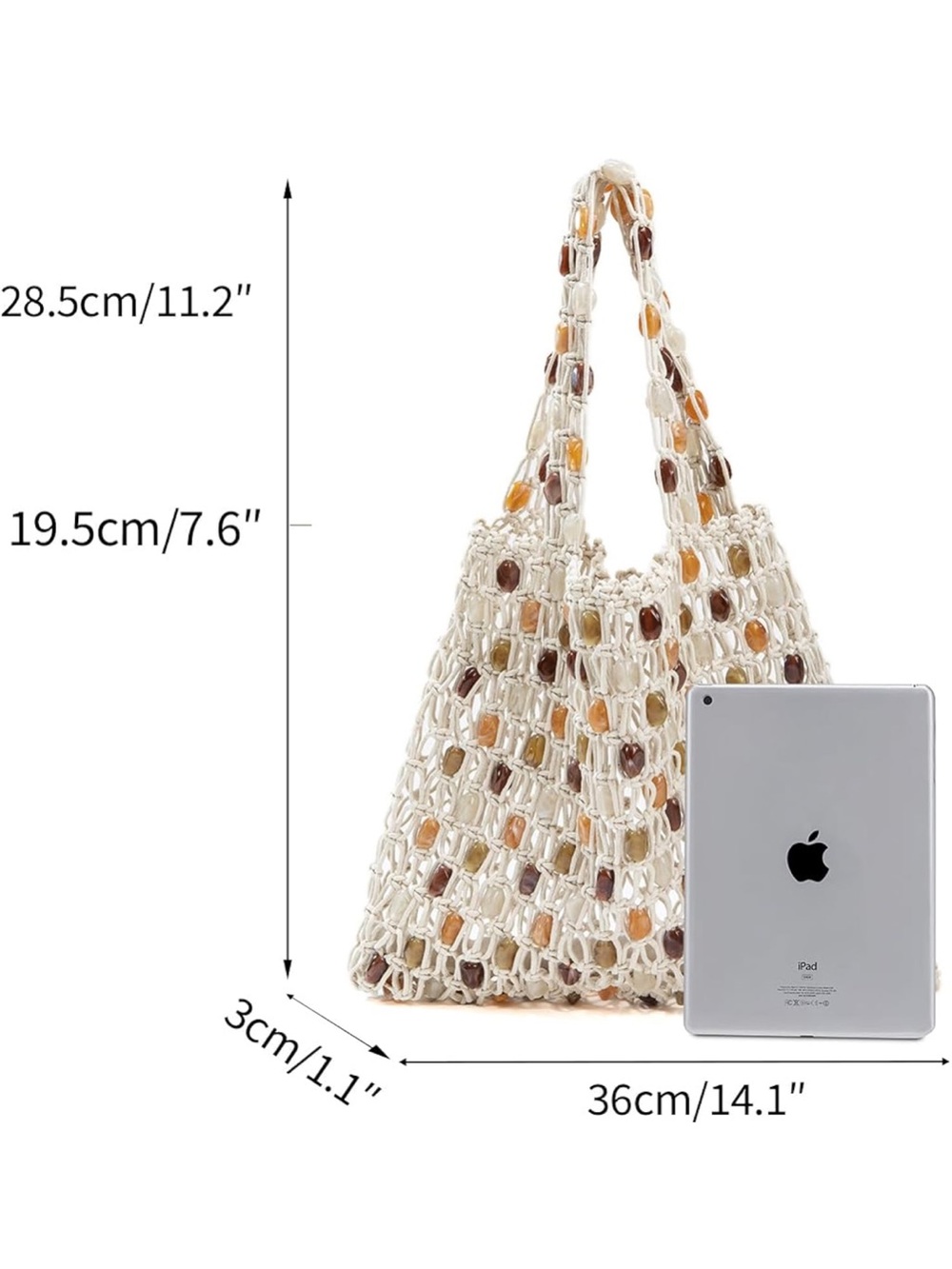 VIRAL Beaded Macrame woven Tote - Cream with Amber & Brown Beads - Picture 5 of 5